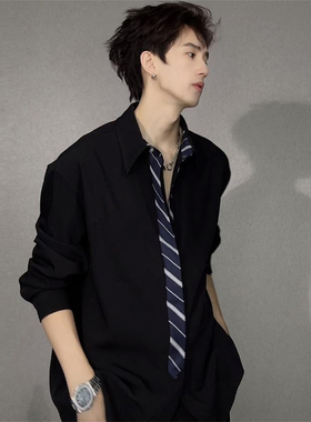 假领带冰丝长袖衬衫男款小众设计感痞帅青少年衬衣美式正肩dk外套