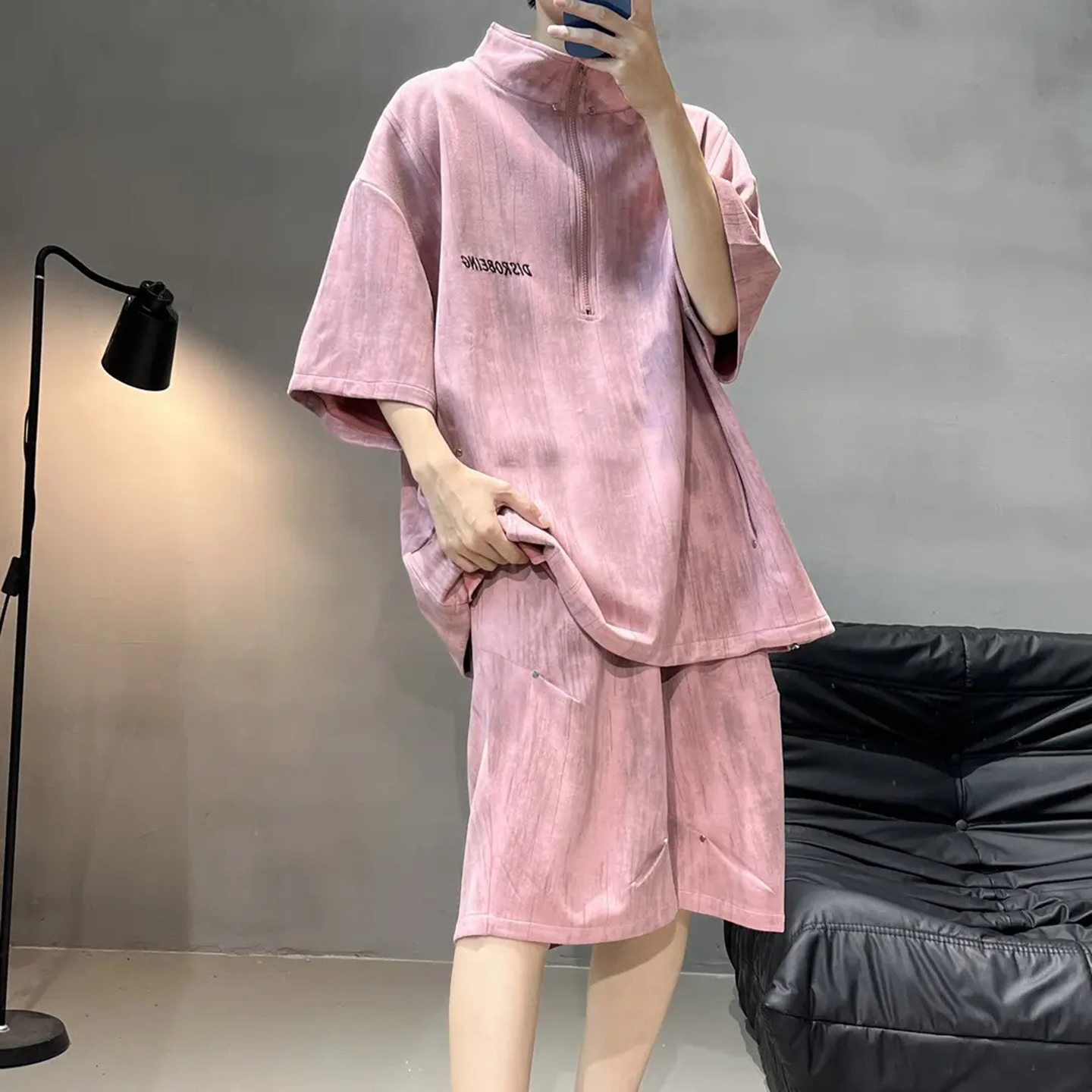 粉色脏脏扎染半拉链polo领卫衣