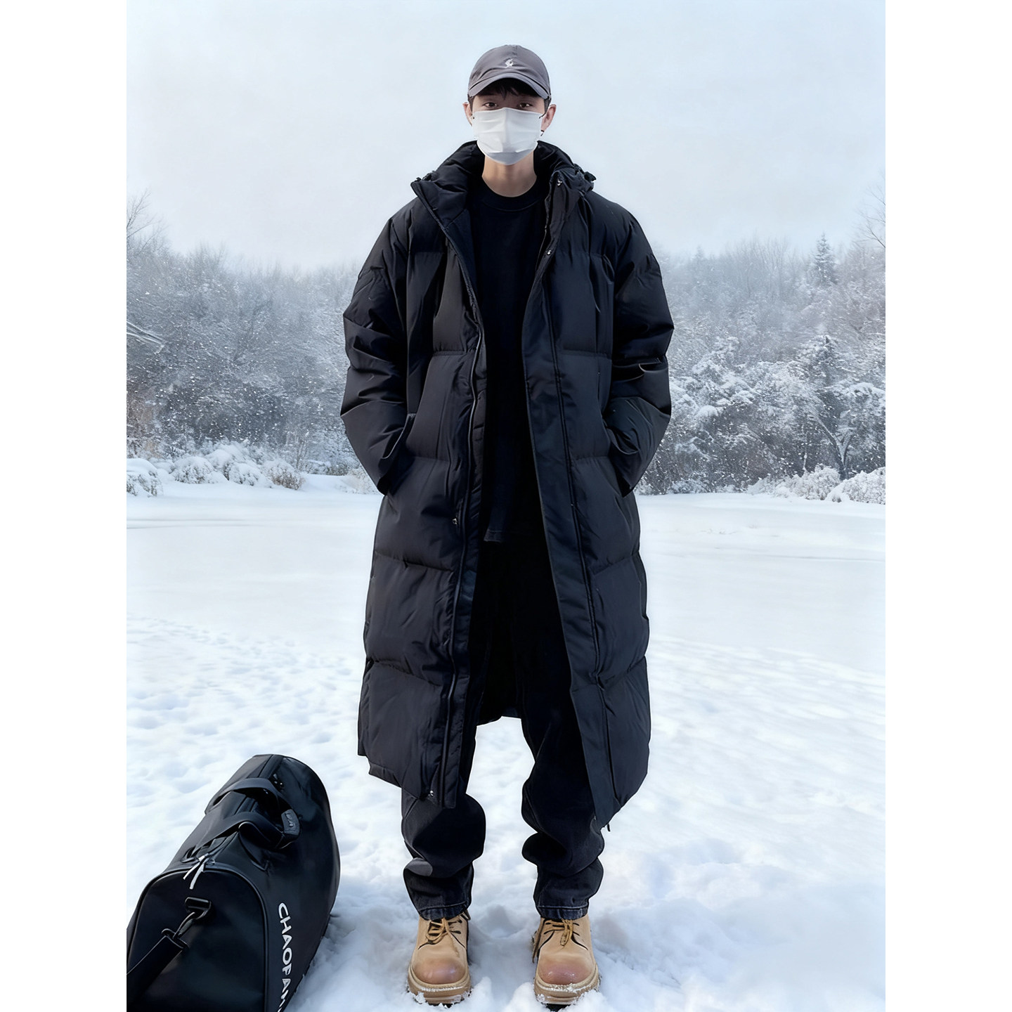 黑色加厚保暖中长款羽绒棉服男冬季过膝连帽棉服东北防寒大衣棉袄