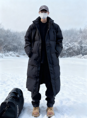 黑色加厚保暖中长款羽绒棉服男冬季过膝连帽棉服东北防寒大衣棉袄
