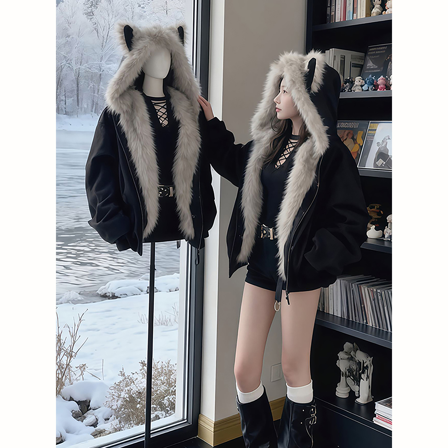 黑色猫耳朵座山雕棉服外套男冬季