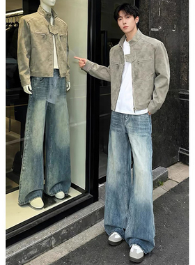 cleanfit蓝色竹节纹微喇牛仔裤男潮牌痞帅炸街裤子直筒显瘦弯刀裤