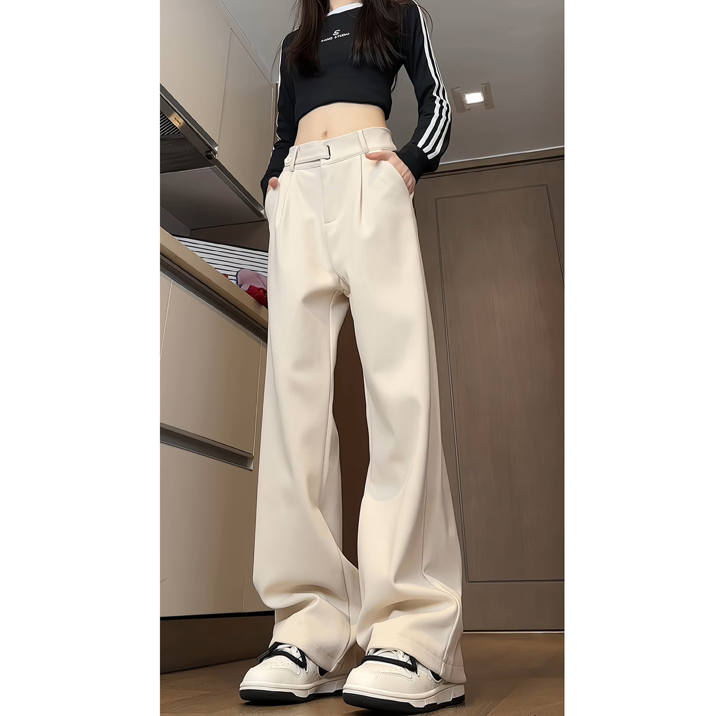 杏色重磅毛呢加绒西裤男女秋冬