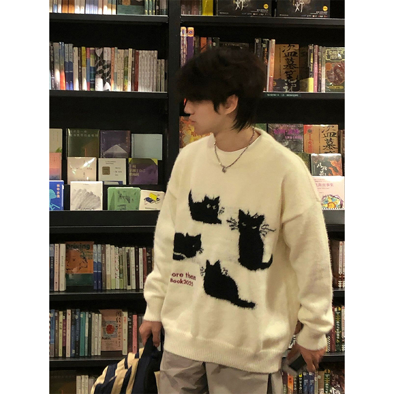 白色马海毛猫咪毛衣男款冬季