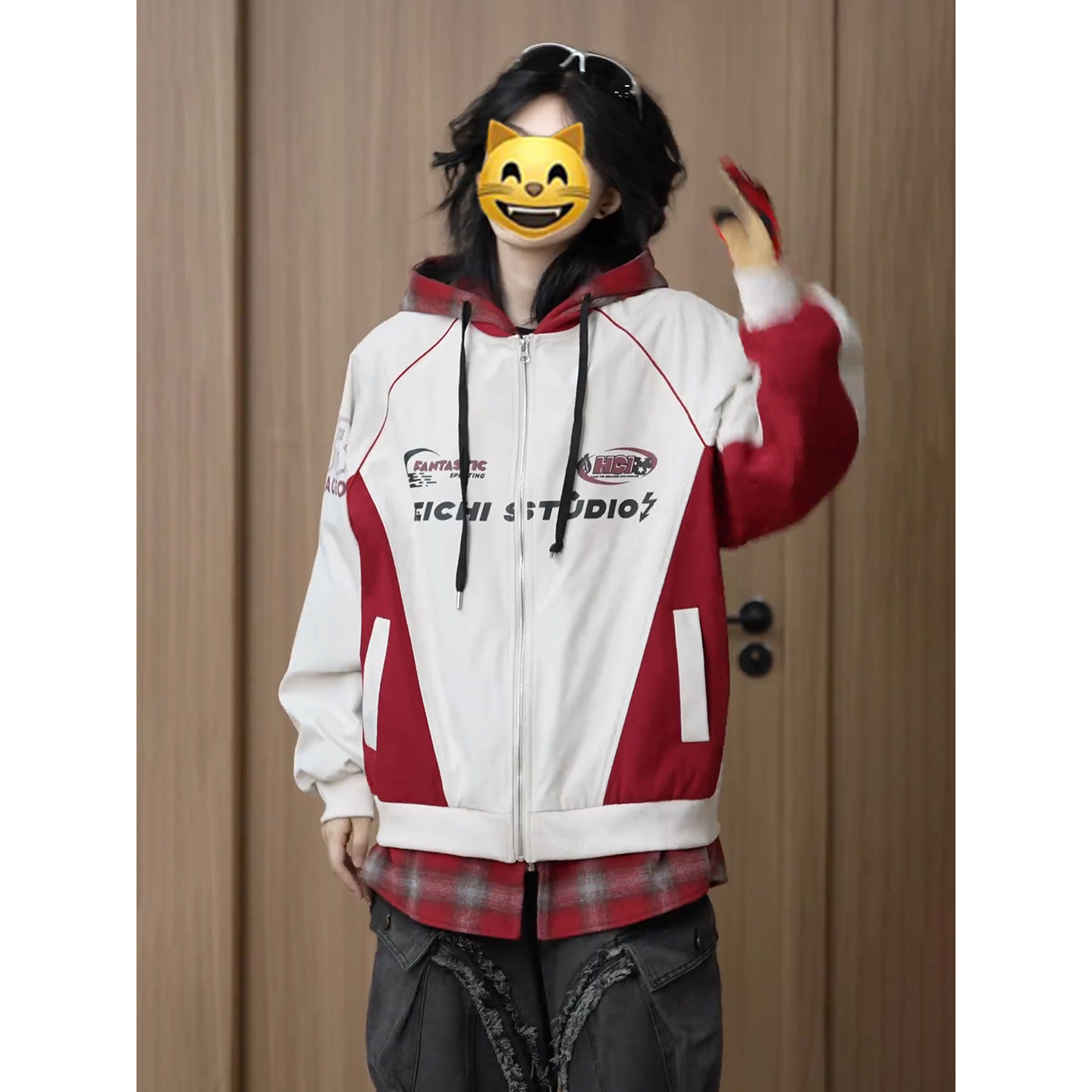 假两件美式机车服外套男女秋季撞色拼接连帽夹克短款情侣装棒球服