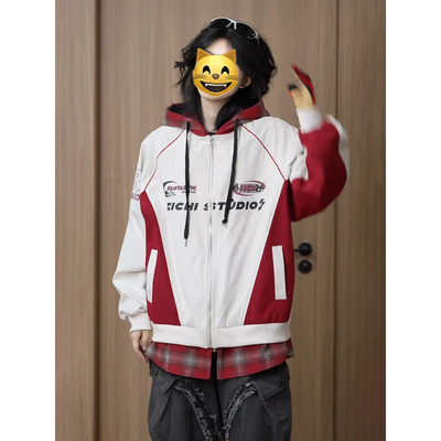 假两件美式机车服外套男秋季撞色