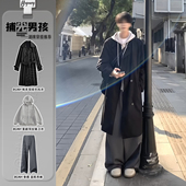 韩系英伦风双排扣风衣男模高级感穿搭套装 中长款 过膝巴尔马肯大衣