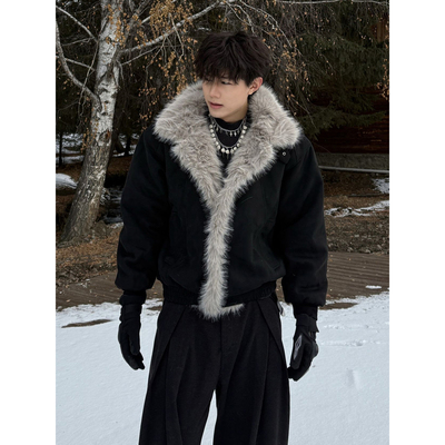 黑色毛领座山雕棉服男款冬季