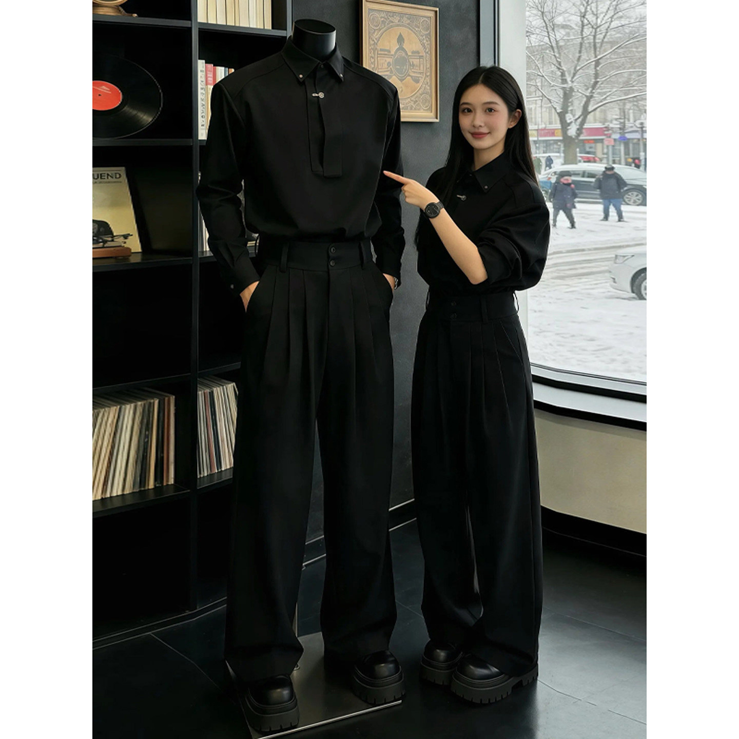 高级感黑色衬衫套装秋冬季男士穿搭一整套高级感痞帅风时尚两件套,男装,时尚套装,淘宝优惠券,粉丝福利购,淘宝优惠卷