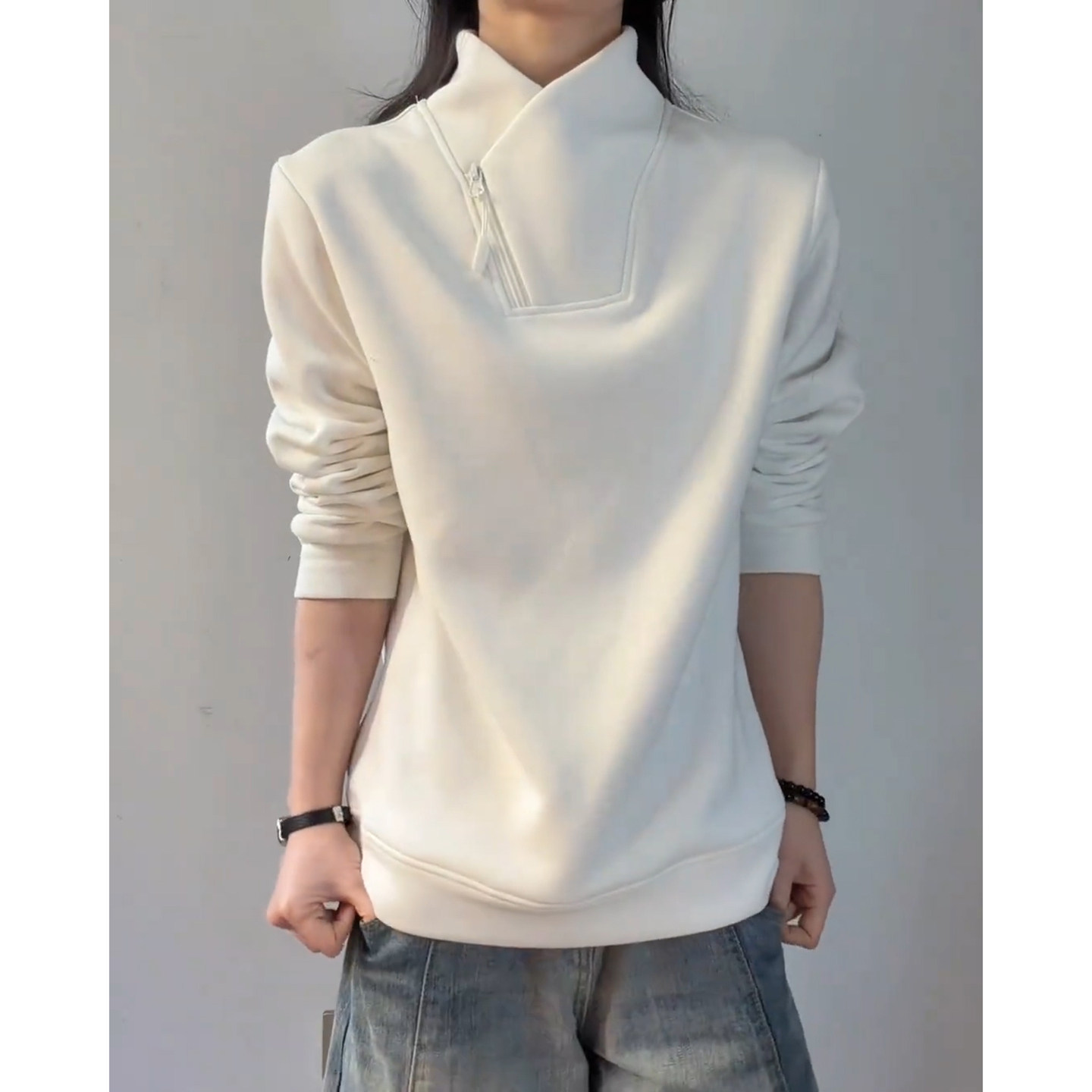 白色美式斜拉链卫衣男款秋冬加绒加厚长袖t恤可外穿半高领打底衫,男装,卫衣,淘宝优惠券,粉丝福利购,淘宝优惠卷