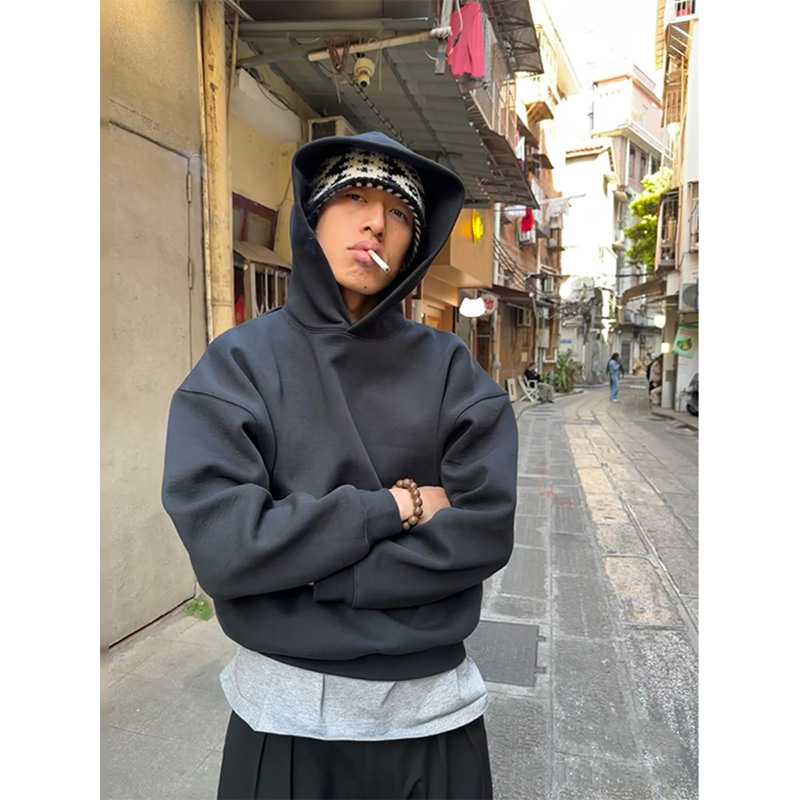 深灰色重磅短款卫衣美式连帽上衣