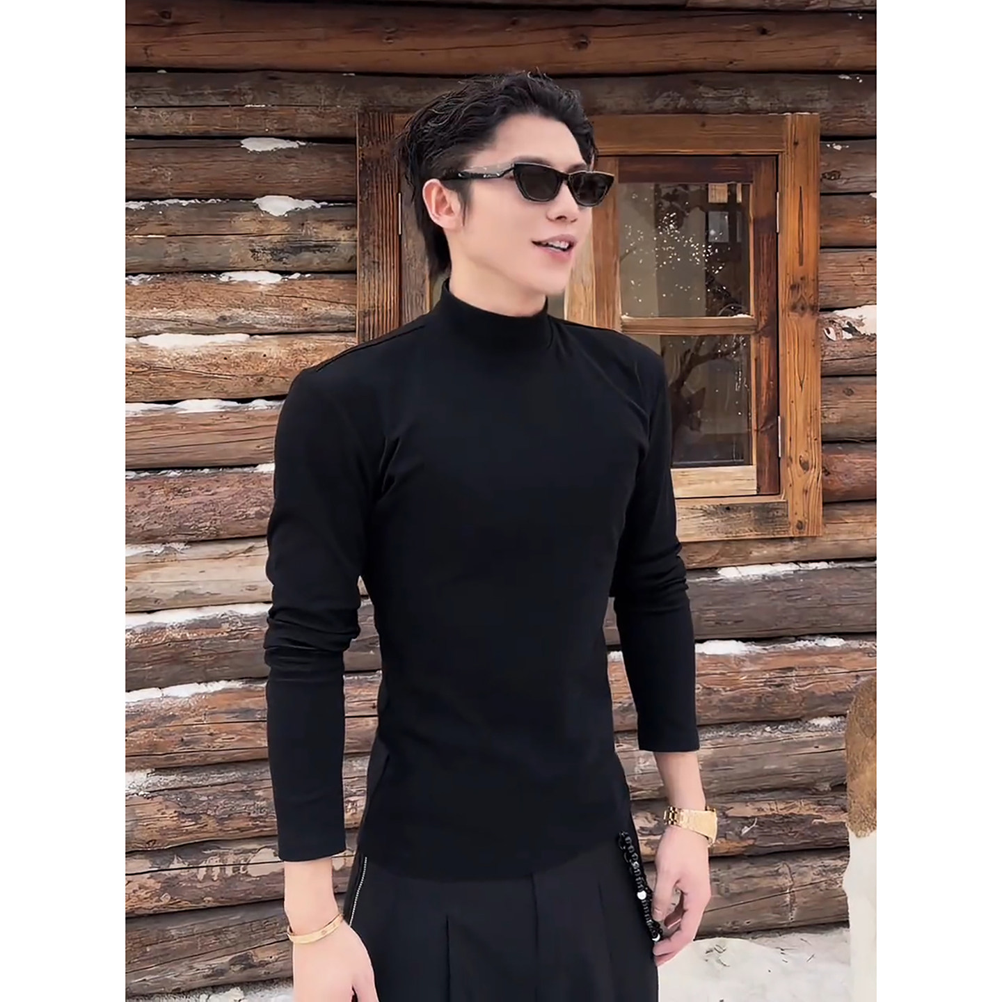 黑色半高领双面德绒打底衫男款冬季加绒修身内搭卫衣正肩长袖T恤