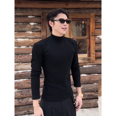 黑色半高领双面德绒打底衫男冬季