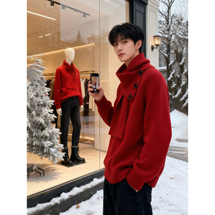 圣诞红色毛衣男秋冬季韩系氛围感本命年针织衫慵懒风围巾v领外套