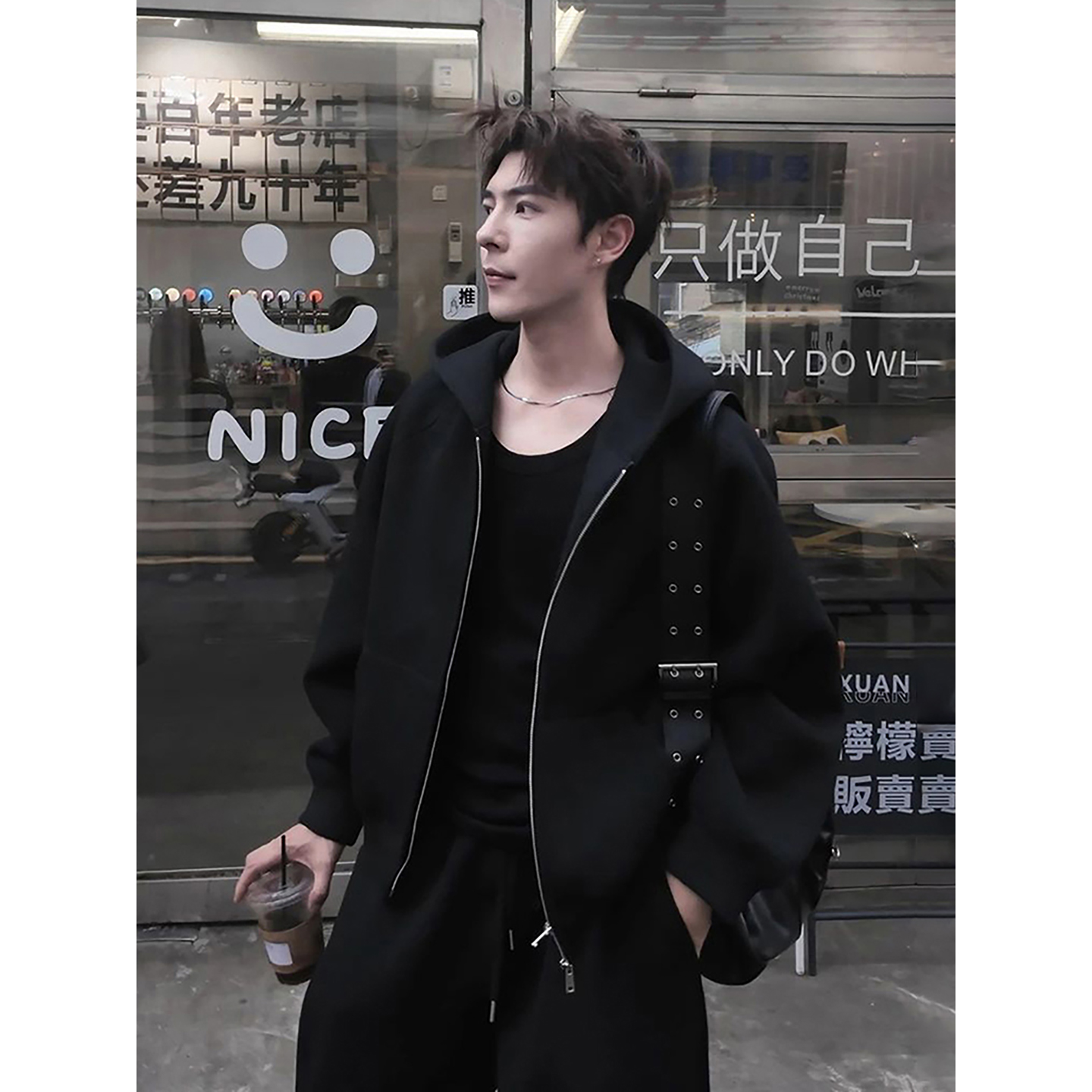 黑色重磅开衫卫衣男款秋季慵懒风