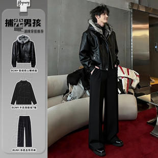 脊煞重磅座山雕皮衣棉服男士高级感冬装套装短宽连帽毛领棉衣外套