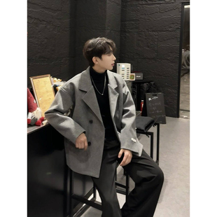 韩系高级感毛呢大衣男款秋冬加棉加厚西装领外套短款呢料夹克风衣