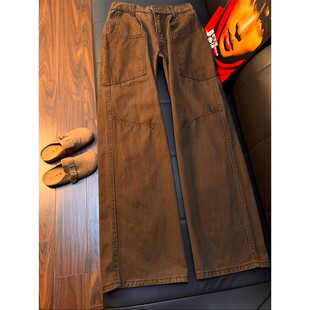 美拉德咖色斜切牛仔裤男冬季美式水洗vibe加绒裤子修身显瘦微喇裤