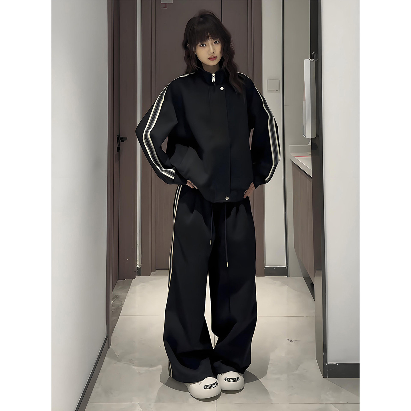 美式条纹运动卫衣休闲套装男春秋潮牌宽松垂感休闲卫裤情侣两件套