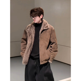 美拉德座山雕毛茸茸外套男冬季加绒加厚夹克棉服皮毛一体立领棉衣
