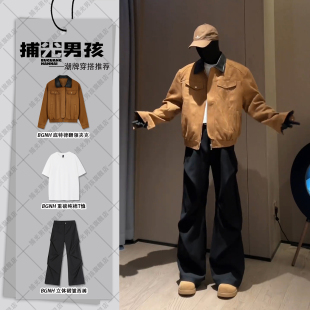 美拉德巴恩风底特律夹克男款秋季搭配一整套装美式棕色翻领棒球服