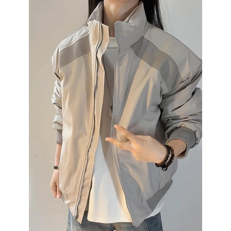 浅灰色解构立领棒球服男秋冬美式飞行夹克棉服高级感短款夹棉外套