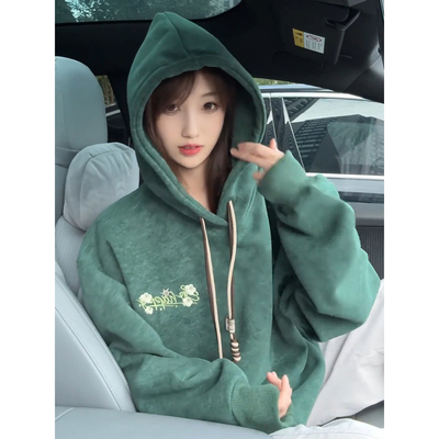 墨绿色砂洗做旧连帽卫衣男女秋冬