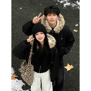 座山雕羊羔绒连帽棉服外套男女冬季加绒加厚毛领棉衣短款情侣棉袄