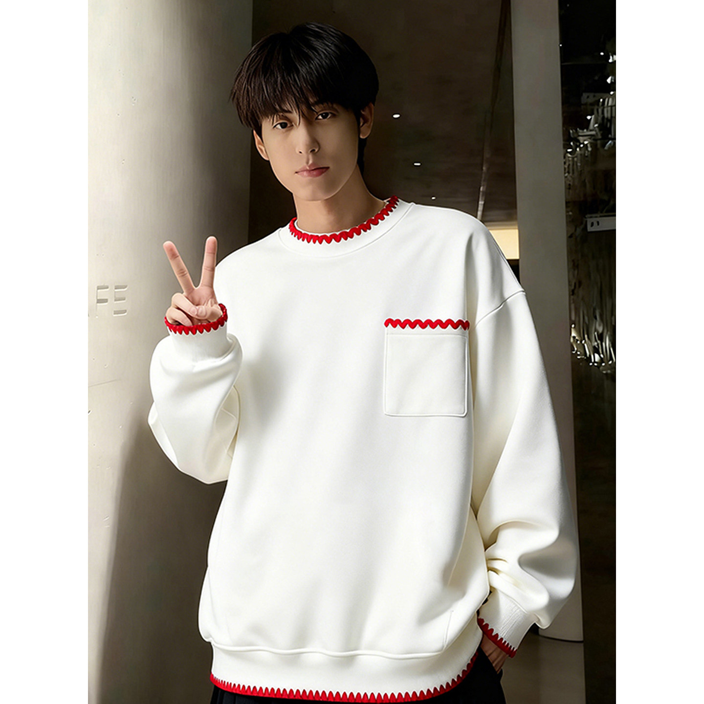 白色撞色拼接花边圆领卫衣男款高级感韩系针织衫美式情侣休闲外套,男装,卫衣,淘宝优惠券,粉丝福利购,淘宝优惠卷