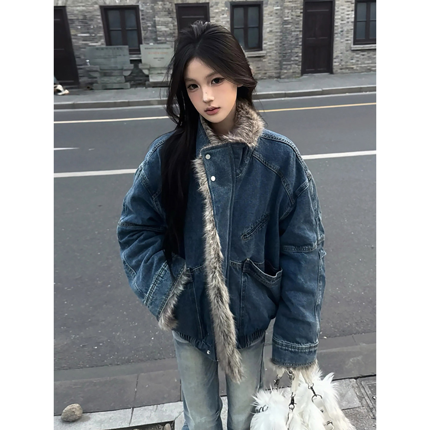 美式复古水洗牛仔座山雕棉服男女冬季仿貂绒短款外套立领工装棉衣