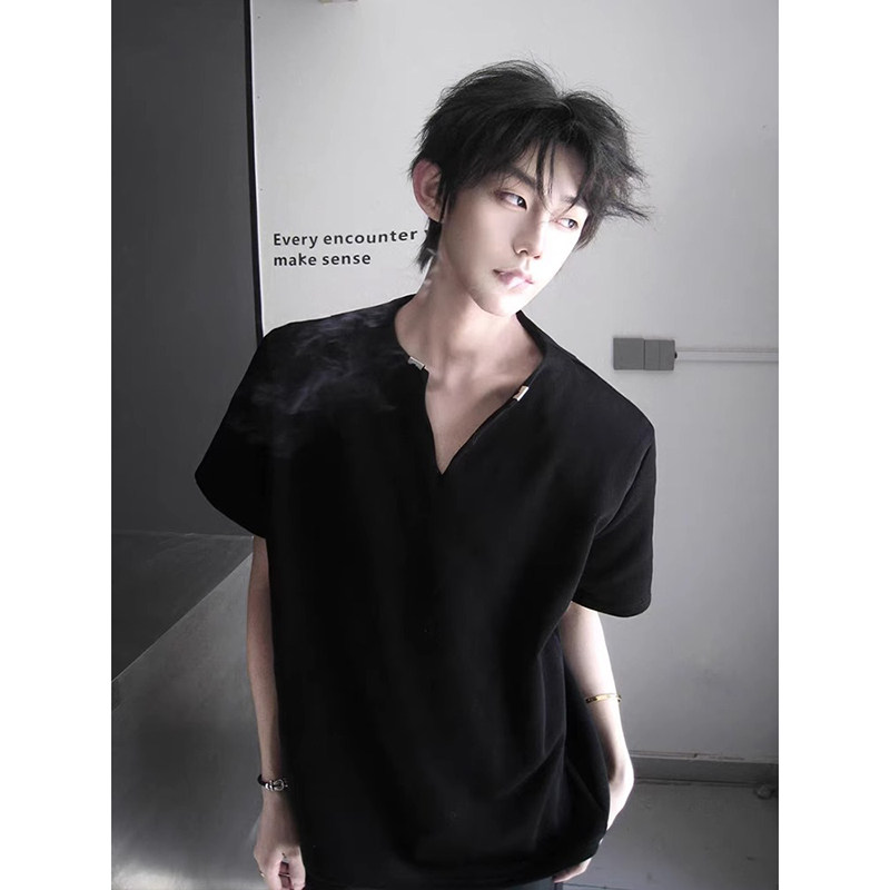 美式高街V领垫肩t恤夏季金属装饰