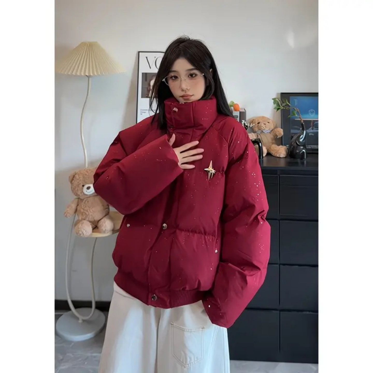 安哥拉红羽绒棉服男女冬季面包服