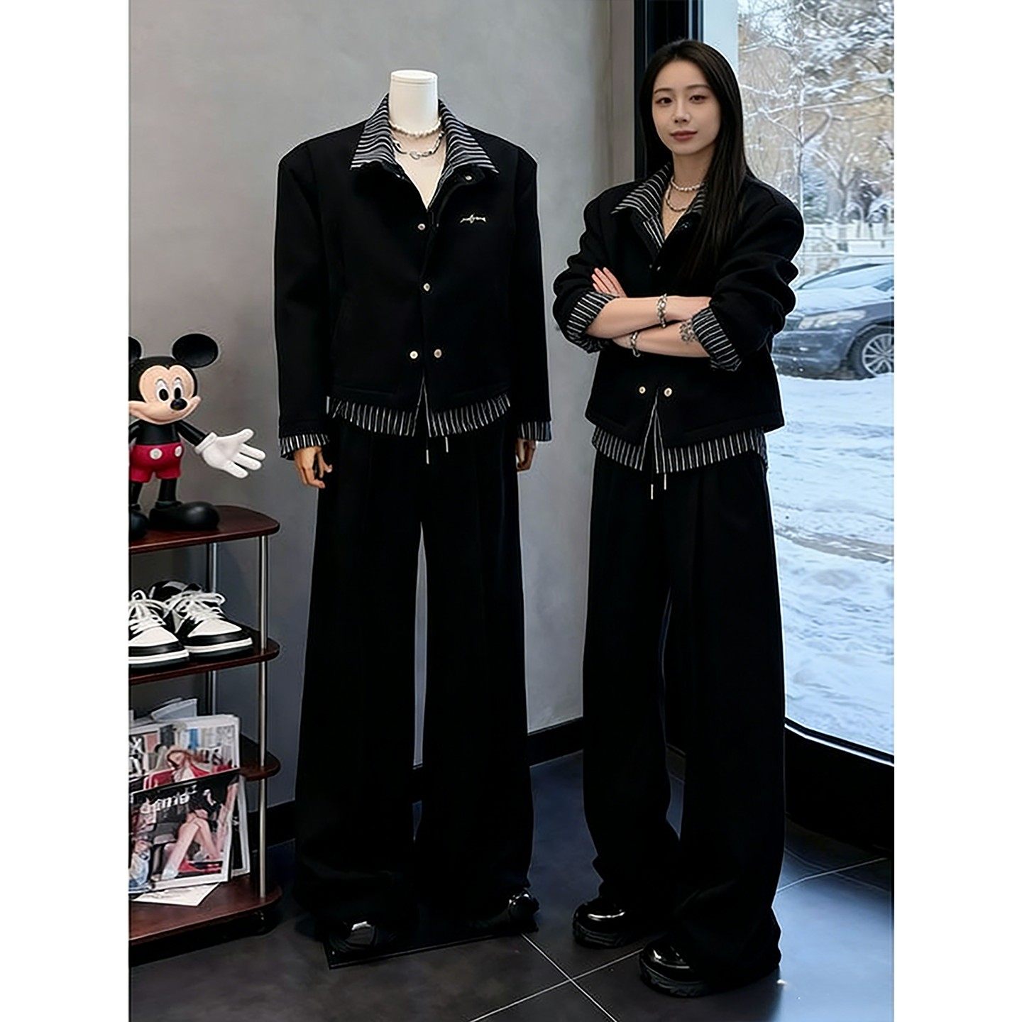 假两件翻领卫衣男女秋冬季高级感穿搭一整套搭配微喇卫裤休闲套装,男装,时尚套装,淘宝优惠券,粉丝福利购,淘宝优惠卷