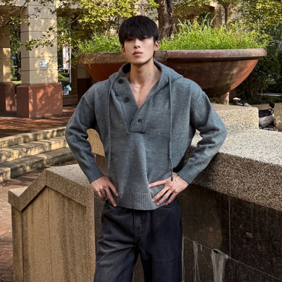 深灰色美式复古连帽针织衫男秋季