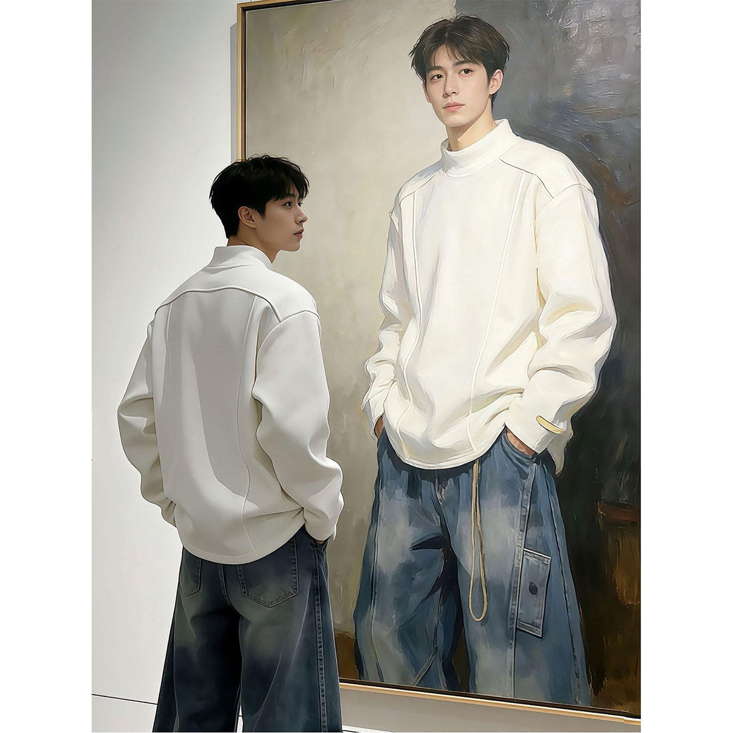 白色半高领德绒打底衫男款秋冬boxy版型正肩长袖t恤美式重磅卫衣,男装,T恤,淘宝优惠券,粉丝福利购,淘宝优惠卷