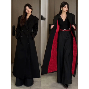 英伦风黑红内中长款毛呢大衣秋冬季过膝风衣外套男款垫肩教父西服