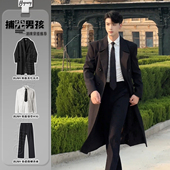 巴尔玛肯风衣韩版 黑色西装 创驳领风衣男中长款 英伦风过膝正肩大衣