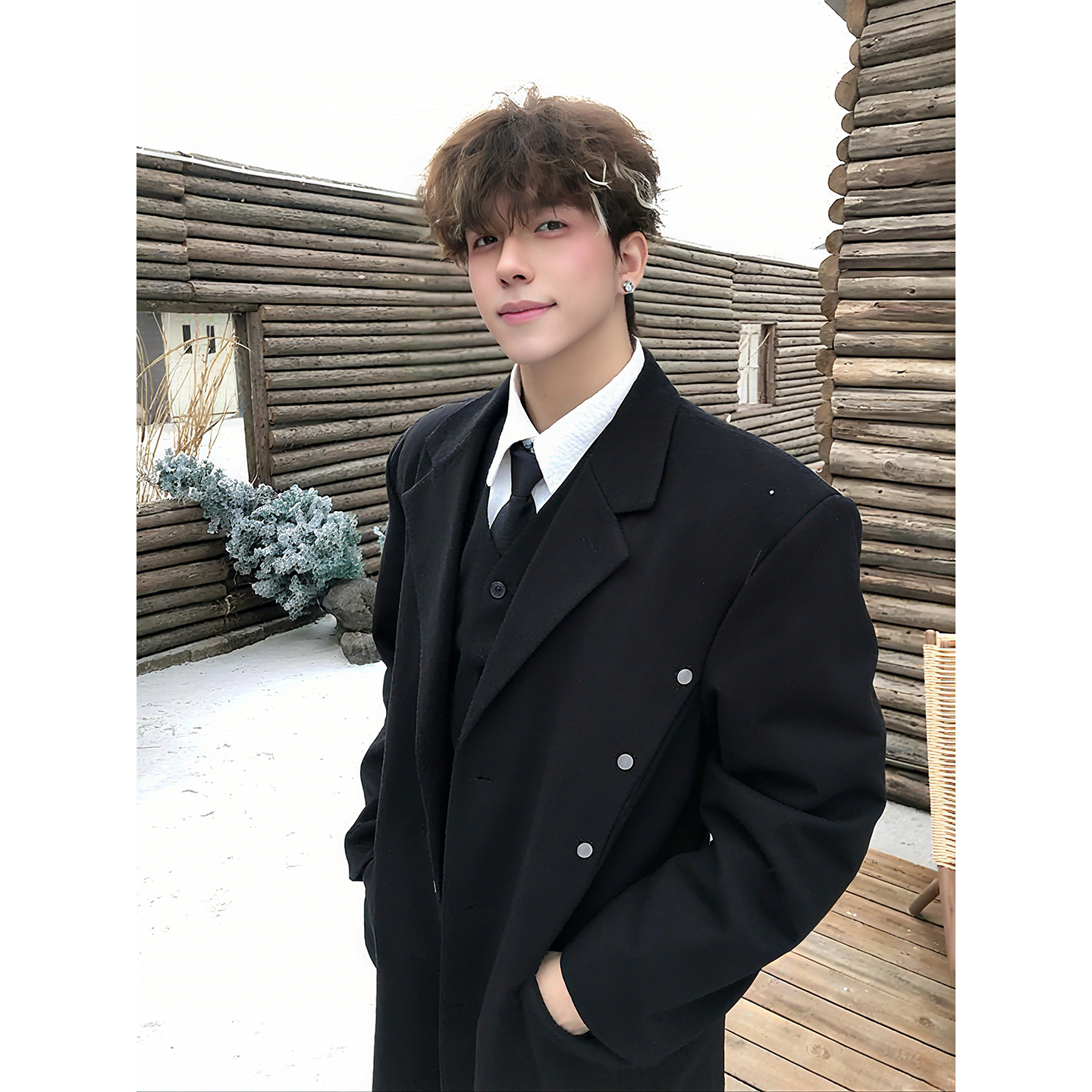 英伦雅痞西装领垫肩毛呢大衣冬季