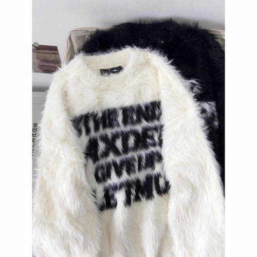 美式字母提花软糯水貂毛毛衣男士