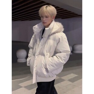 米白色连帽pu皮羽绒棉服男冬季美式可拆卸保暖棉衣短款面包服外套
