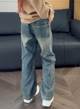 水洗蓝色加绒牛仔裤男款秋冬美式褶皱工装裤子cleanfit直筒微喇裤