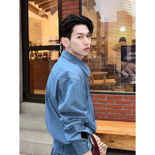 丹宁蓝牛仔衬衫男款痞帅高级感韩系chic别致上衣叠穿内搭长袖衬衣