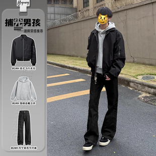 美式教练飞行夹克男生ootd穿搭春季一整套重磅连帽卫衣原牛牛仔裤