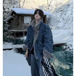 美式复古座山雕牛仔棉服男款冬季加厚仿狼毛棉衣短款廓形工装夹克