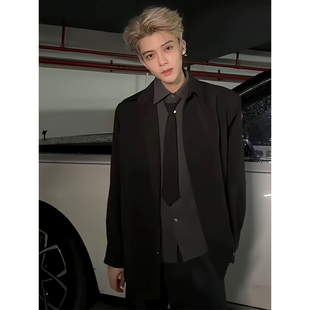 假两件拼接领带衬衫男款秋季轻熟风高级感痞帅衬衣人夫感穿搭外套