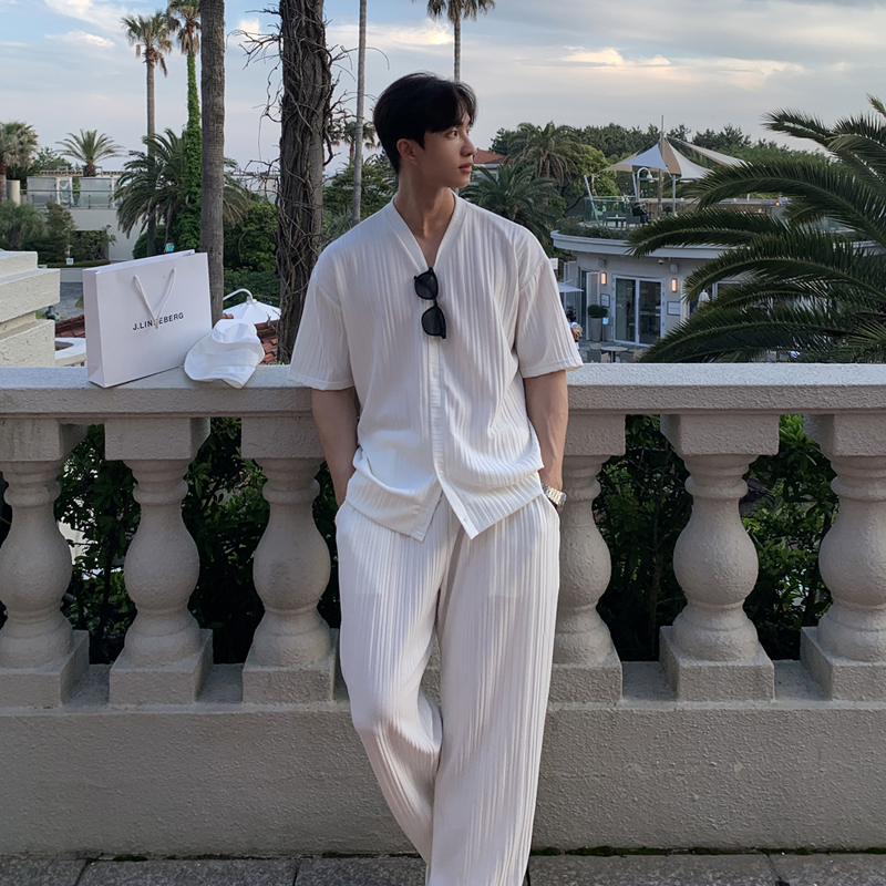 韩版英伦风v领短袖衬衫一整套装