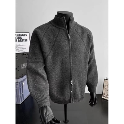 灰色双拉链毛衣男秋冬高级感外套