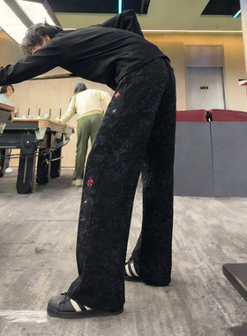 黑色扎染刺绣加绒卫裤男秋冬加厚保暖重磅弯刀裤高级感直筒休闲裤