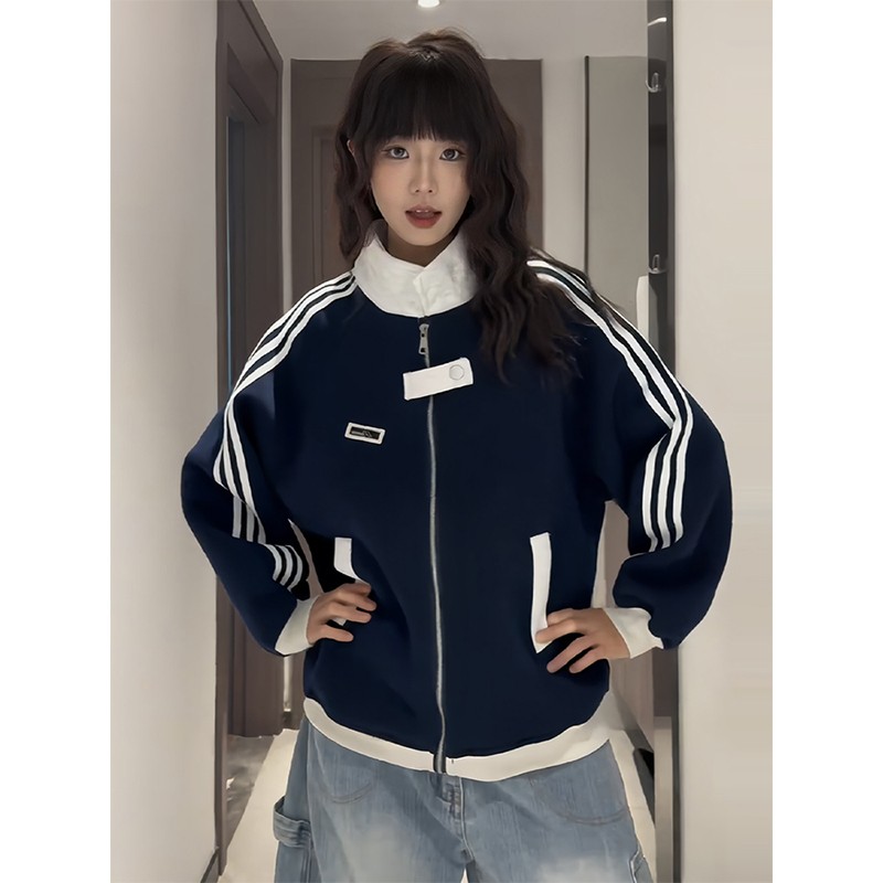 藏青色条纹开衫卫衣男秋季