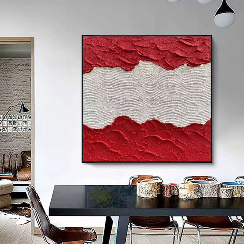 纯手绘油画复古红色立体肌理画正方形客厅玄关装饰画酒店民宿挂画图片